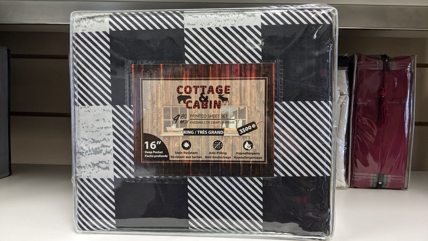 CLD Cottage & Cabin 4pc Printed Sheet Set - Gray Checkers