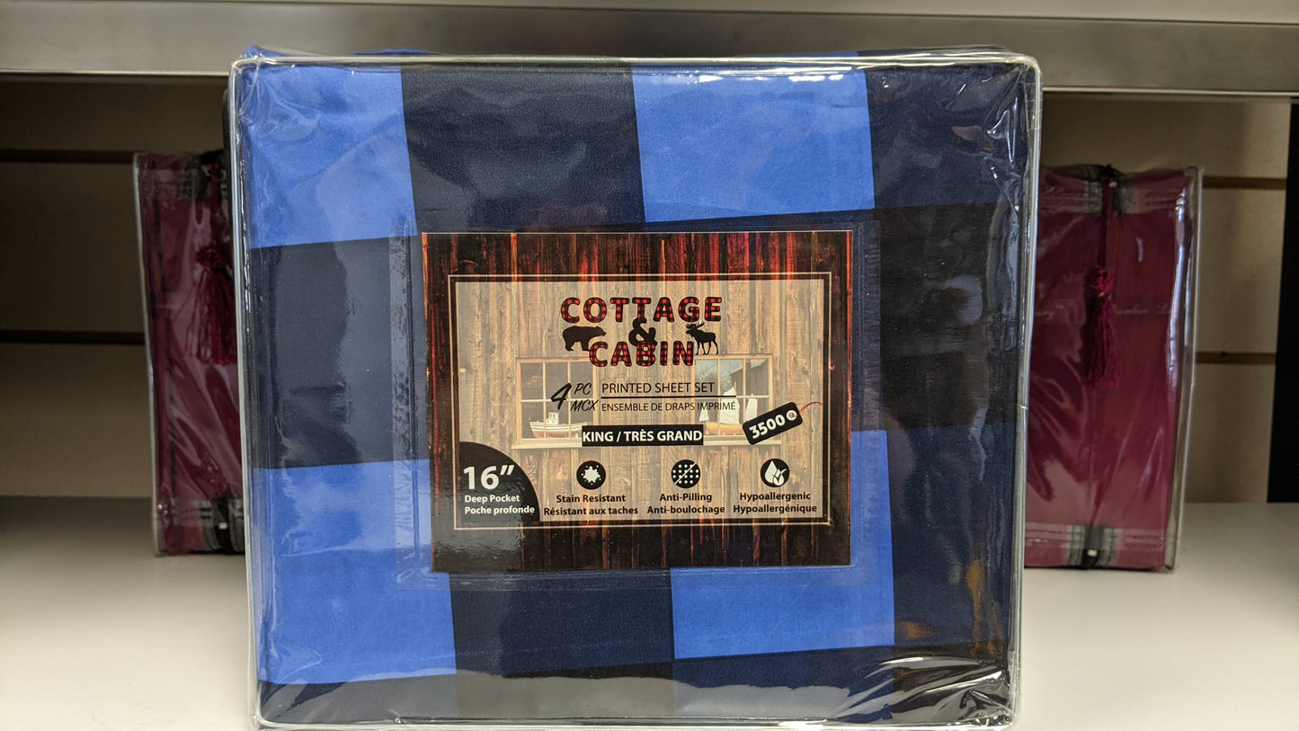 CLD Cottage & Cabin 4pc Printed Sheet Set - Blue Checkers